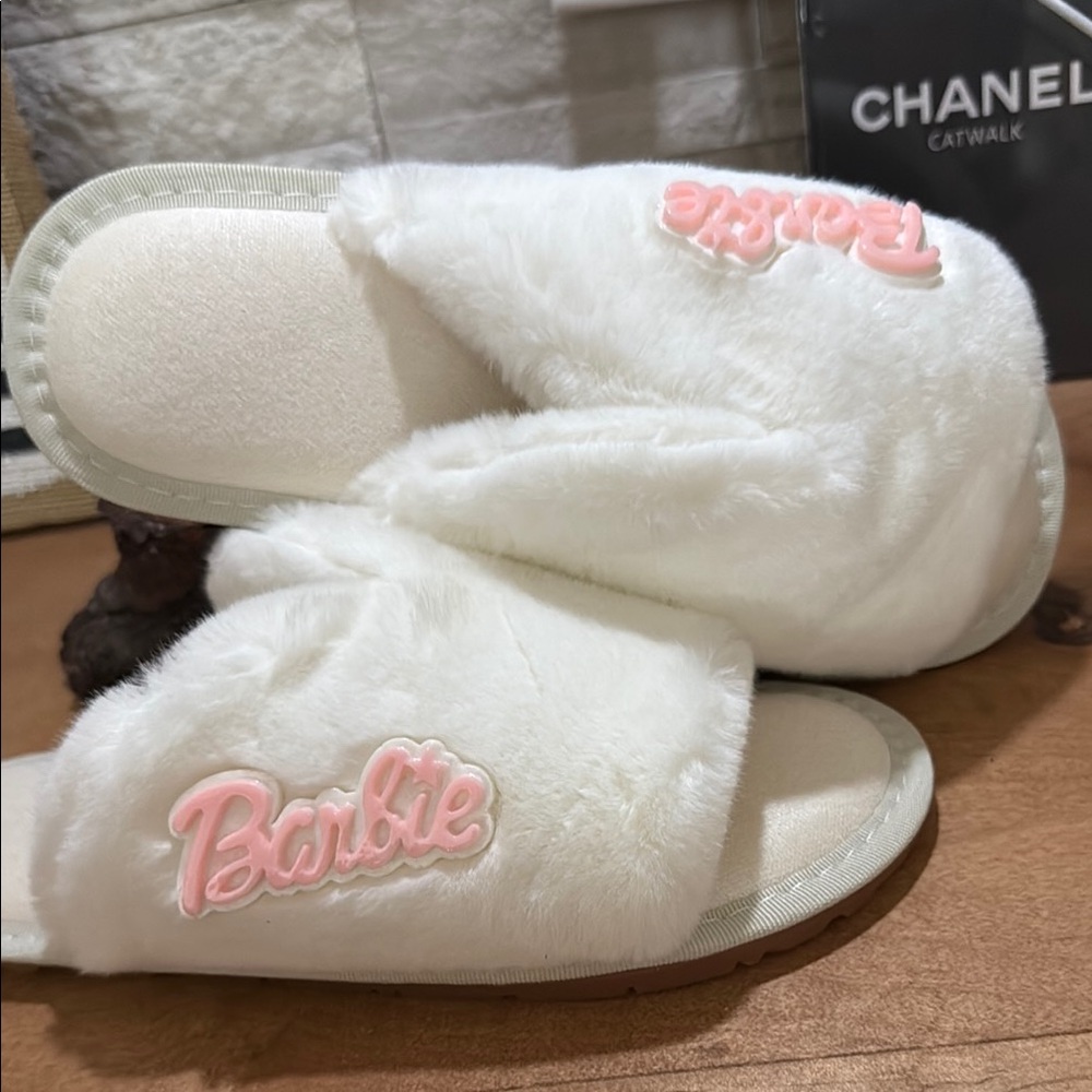 White Furry Slippers open toe with Pink Barbie Logo